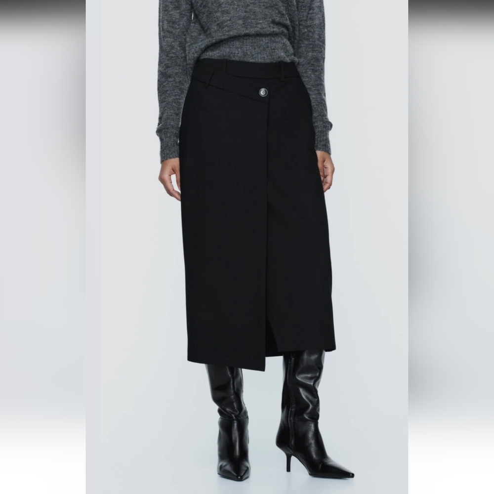 Zara Black Midi Skirt With Cross Over Waist Detail, Size Small NWOT